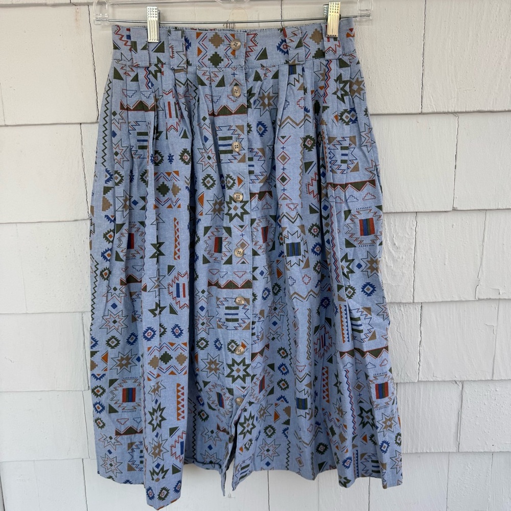 Briggs New York Vintage Midi Button Front Aztec Print Skirt Blue size 14